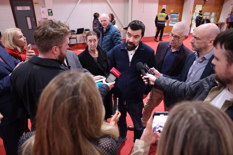 Minister of State Joe O'Brien of the Green Party at the Dublin Fingal West count continues in the National Show Centre, Kettles Lane, Swords, Co Dublin. Photograph: Dara Mac Dónaill







