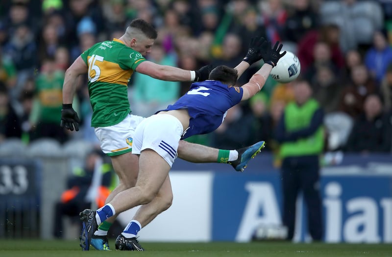 Laois' Ben Dempsey blocks a shot from Leitrim's Riordan O'Rourke during last year's Division 4 league final at Croke Park. Photograph: Leah Scholes/Inpho