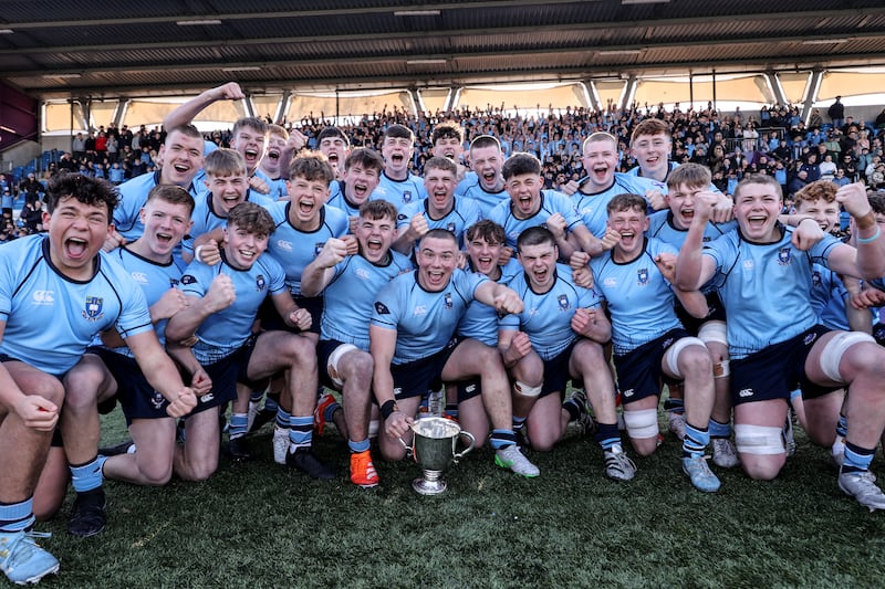 St Michael's players celebrate their victory over Castleknock in the Bank of Ireland Leinster Schools Junior Cup Final at Energia Park in Donnybrook. Photograph: Dan Sheridan/Inpho