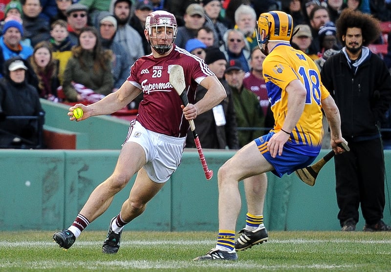 Shane Moloney in action for Galway against Clare's Tony Kelly during the Super 11's Fenway Classic final at Fenway Park in Boston in November 2017. Photograph: Emily Harney/Inpho