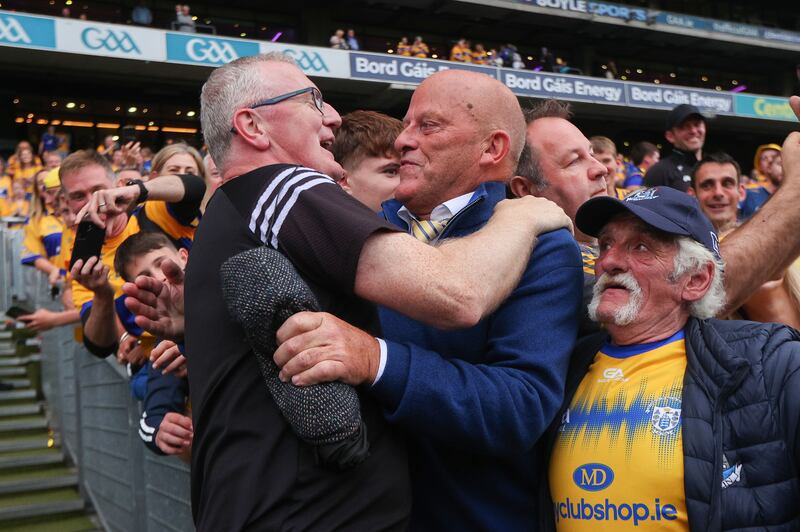 Senior All-Ireland Hurling Championship final, Cork vs Clare, Croke Park: Clare manager Brian Lohan celebrates with his former manager Ger Loughnane. Photograph: Ryan Byrne/Inpho