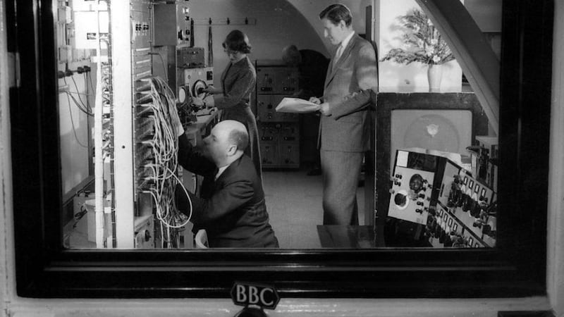 Donald McWhinnie, Desmond Briscoe and Daphne Oram at work creating electronic sounds at The Maida Vale Studio. Photograph: BBC