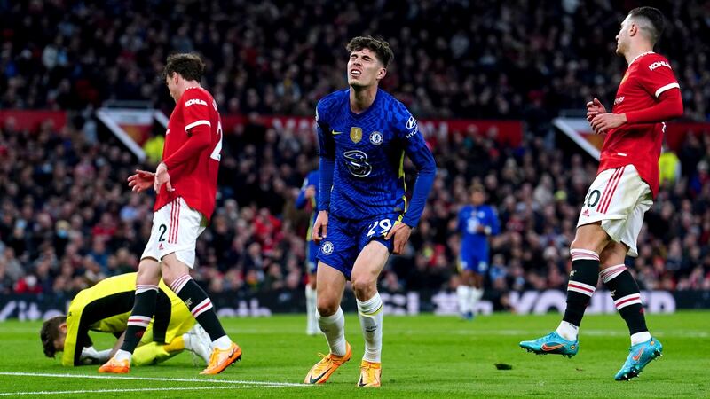 Chelsea’s Kai Havertz misses a big chance during their Premier League match at Old Trafford. Photograph: Martin Rickett/PA