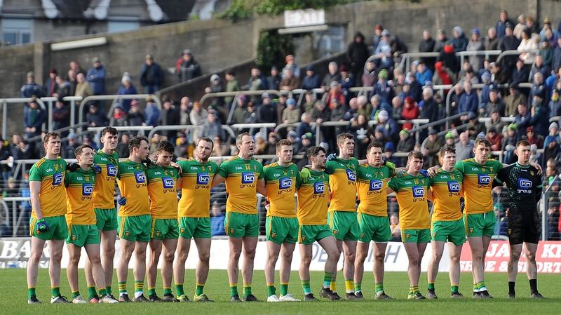 Donegal line up for the national anthem prior to the Division One clash against Meath at Páirc Tailteann in Navan. Photograph: Tommy Grealy/Inpho