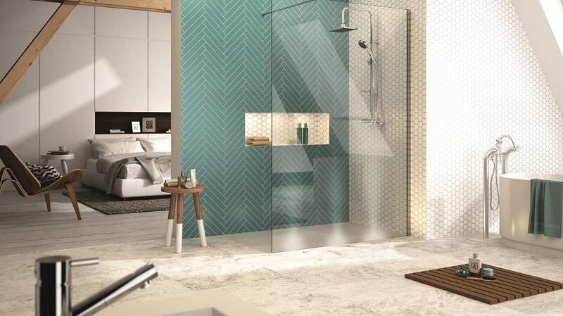 Merlyn Showering - showerwall with green glass tiles