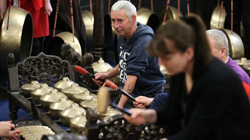 Thomas Fitzgerald during the gamelan session with instructor Bev McGeown. Photograph: Nick Bradshaw for The Irish Times