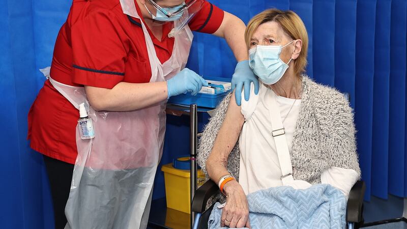 Annie Lynch, 79,  from Dublin is administered the Pfizer BioNTech COVID-19 vaccine as the first person to receive it in Ireland, at St James’s Hospital in Dublin. Photograph: EPA/MARC O’SULLIVAN / POOL