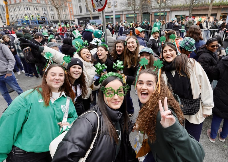 Friends from Spain enjoying the festivities surrounding the parade in Dublin city centre on St Patrick’s Day. Photograph Alan Betson