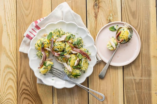New potato salad with smoked mackerel and anchovies