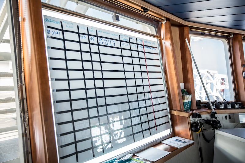 Open distress cases are marked on a whiteboard in the bridge of the MSF Geo Barents rescue ship. Photograph: Sally Hayden