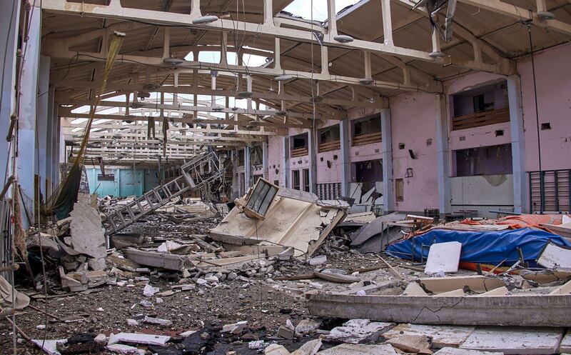 Rubble following the shelling of a sports complex at  the polytechnic institute in Kharkiv, Ukraine. Photograph: Sergey Kozlov/EPA-EFE