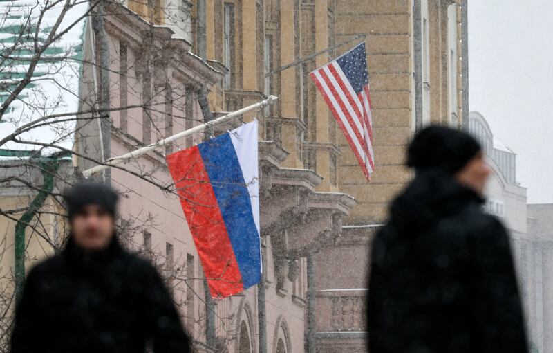 A Russian national flag flies in front of a US national flag on the main building of the US Embassy in Moscow, Russia, on November 6th – the day after the US presidential election, won by Donald Trump. Photograph: Yuri Kochetkov/EPA-EFE