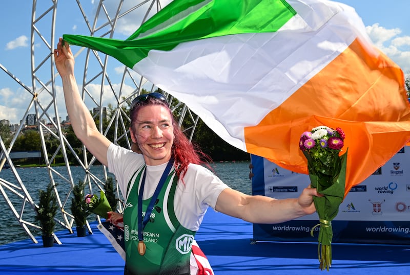 Ireland’s Siobhán McCrohan celebrates after winning gold at the World Rowing Championships in Belgrade. Photograph: Detlev Seyb/Inpho