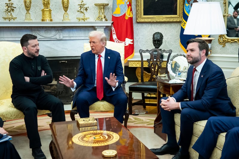 Volodymyr Zelenskiy, Donald Trump and JD Vance are pictured at the Oval Office at their fractious meeting on Friday. Photograph: Doug Mills/The New York Times