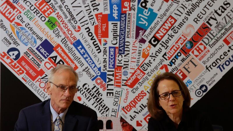 BishopAccountability.org group director Phil Saviano, left, and co-director Anne Barrett Doyle in Rome. Photograph: Alessandra Tarantino/AP Photo