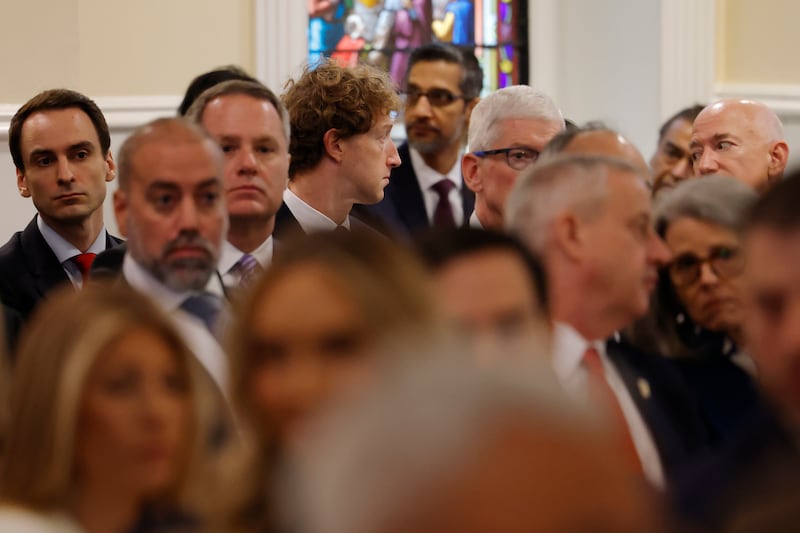 Meta and Facebook CEO Mark Zuckerberg, CEO of Google Sundar Pichai,  CEO of Apple Tim Cook, Founder of Amazon and Blue Origin Jeff Bezos attend services as part of  Inauguration ceremonies at St. John's Church. Photo by Anna Moneymaker/Getty Images.