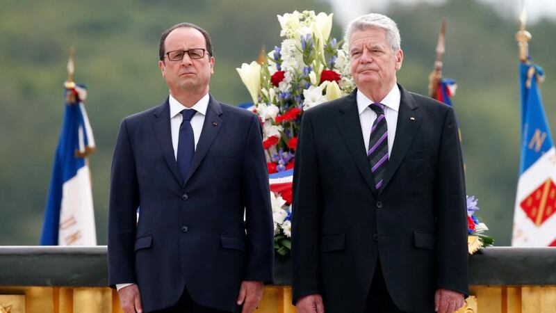 French president Francois Hollande  and German president Joachim Gauck  at the National Monument of Hartmannswillerkopf, in Wattwiller, France. Photograph: Christophe Keraba/EPA