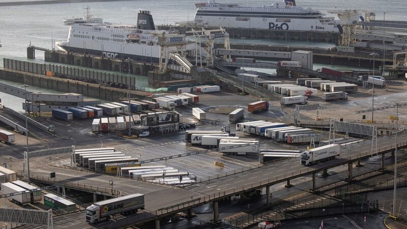 Lorries queue to board a ferry to France early on Thursday in Dover, United Kingdom. Photograph: Dan Kitwood/Getty