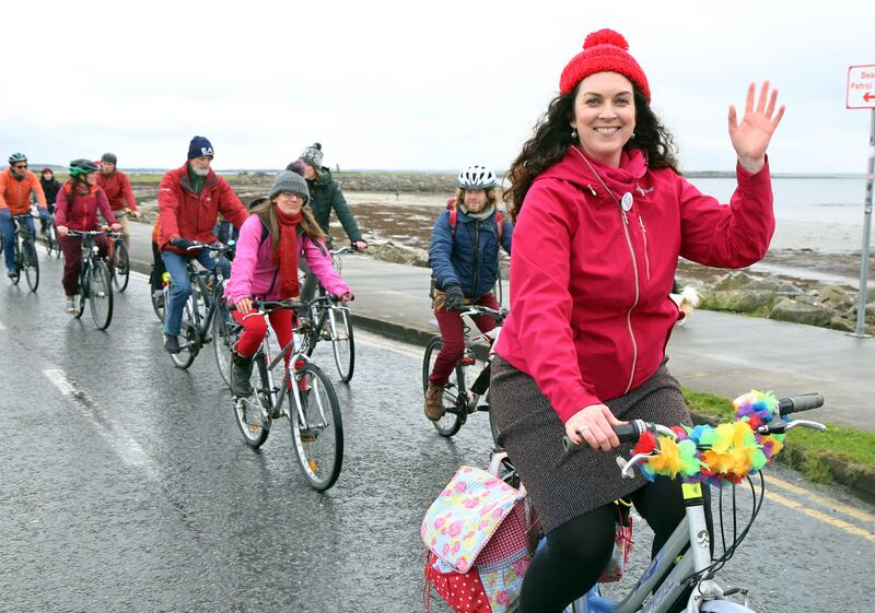 Martina Callanan, deputy chair of Galway Cycling Campaign, during the Big Red Community Cycle in support of the proposed temporary Salthill cycleway last February. Photograph: Joe O'Shaughnessy