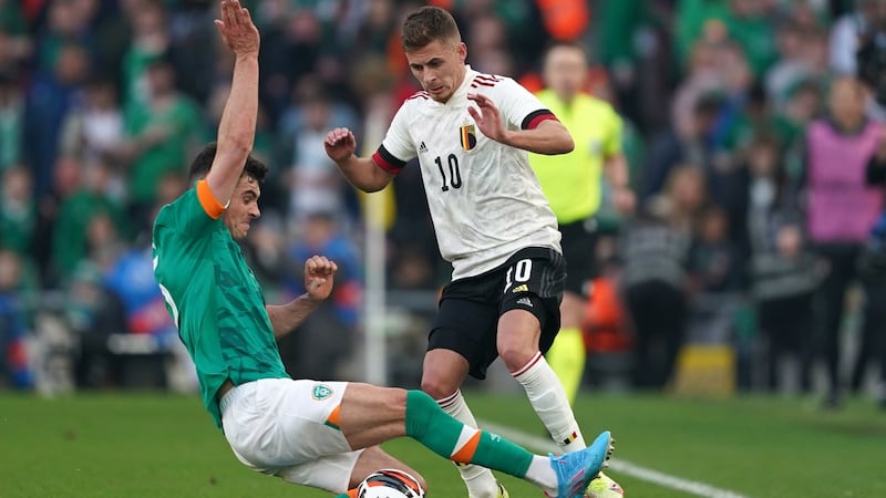 Ireland defender John Egan challenges Belgium’s Thorgan Hazard  during the friendly international at the Aviva Stadium. Photograph:  Brian Lawless/PA Wire