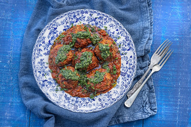 Meatballs with slow cooked tomato sauce and gremolata. Photograph: Harry Weir