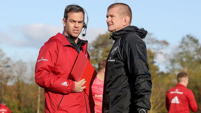 Graham Rowntree, then Munster's forward coach, with the then head coach, Johann van Graan, before the South African vacated the role.  Photograph: Bryan Keane/Inpho