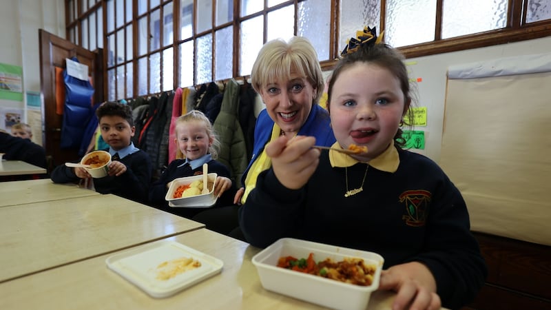 Minister for Social Protection Heather Humphreys with students at Scoil Treasa Naofa Primary School, Donore Avenue, Dublin 8. File photograph: Nick Bradshaw