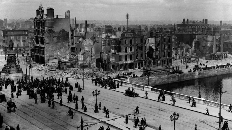 A v iew of Sackville Street (O’Connell St) and the River Liffey at Eden Quay in Dublin, on May  11th, 1916 showing the devastation wrought during the Easter Rising