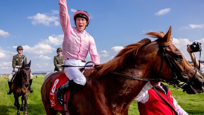 Padraig Beggy celebrates his Irish Derby success on Sovereign. Photograph: Morgan Treacy/Inpho