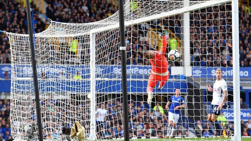 Harry Kane opens the scoring for Tottenham at Goodison Park. Photograph: David Howarth/PA