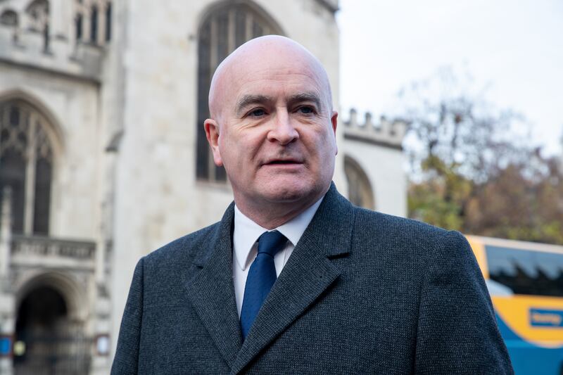 RMT general secretary Mick Lynch, speaks to the media outside the Houses of Parliament in London on Friday. Photograph: Lucy North/PA