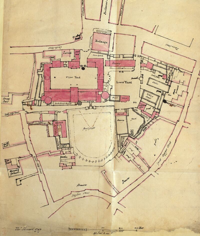 Dublin Castle: This map of Dublin Castle and its surroundings was made due to fears of an insurrection in Dublin by the United Irishmen. 