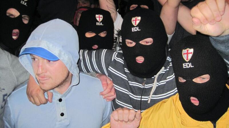 Woolwich, England, 2013: The then English Defence League leader pictured with EDL supporters following the killing of a British soldier. Photograph: Neil Lancefield/PA Wire