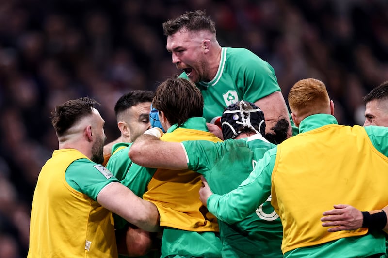 Ireland’s Peter O’Mahony celebrates with Tadhg Beirne after scoring during the Six Nations game against France in Marseille. Photograph: Ben Brady/Inpho