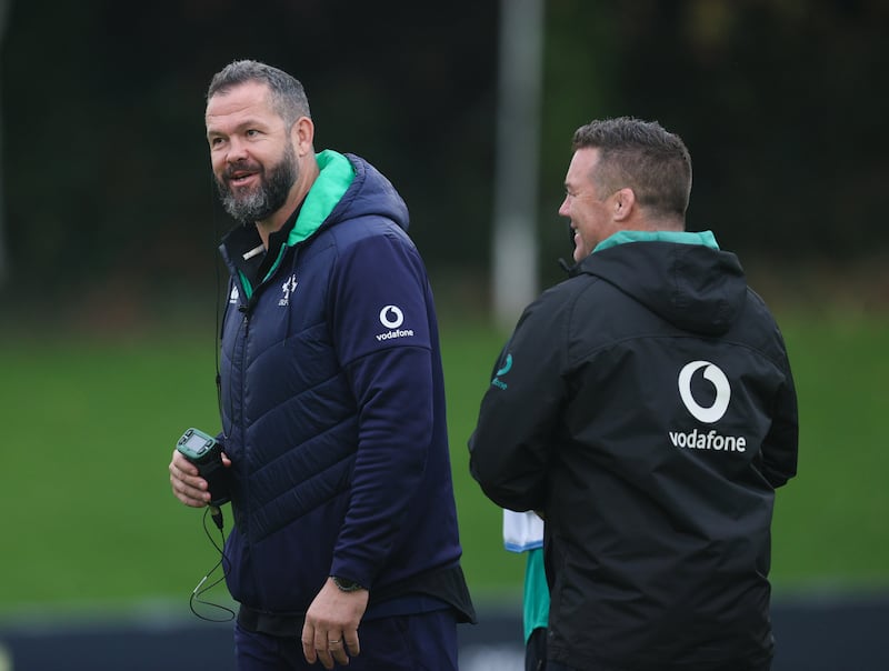 Ireland head coach Andy Farrell and scrum coach John Fogarty during training on Thursday. Photograph: Tom Maher/Inpho