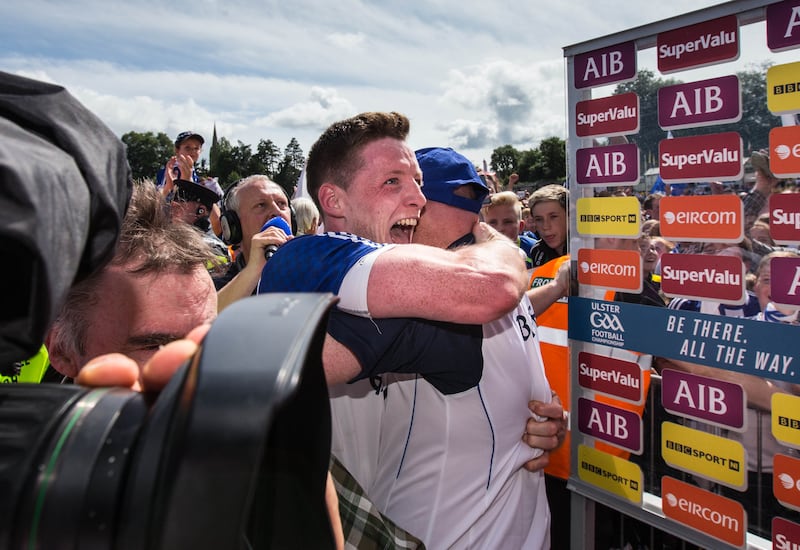 Conor McManus celebrates with then Monaghan manager Malachy O’Rourke after the 2015 Ulster final. Photograph: Cathal Noonan/Inpho