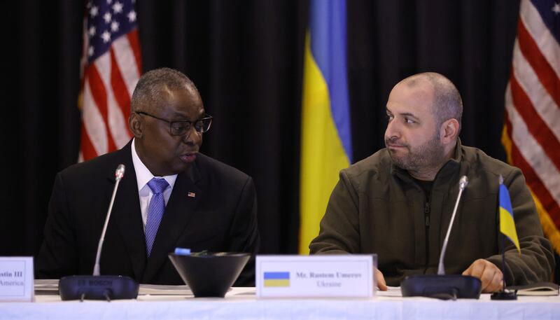 US secretary of defence Lloyd Austin and Ukrainian defence minister Rustem Umjerow at the sixth meeting of Ukraine Defence Contact Group in Ramstein, Germany. Photograph: Ronald Wittek/EPA