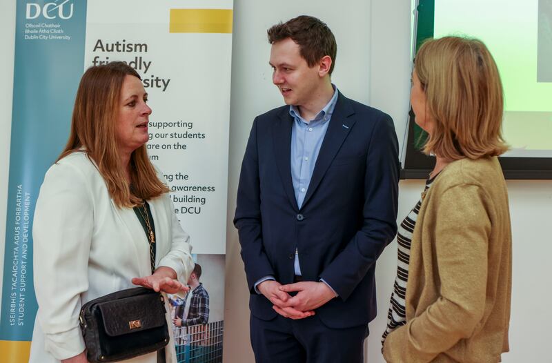 DCU's Mary Rose Sweeney, Adam Harris of AsIAm and Fiona Early of DCU at the launch of the latest phase of the university's autism-friendly initiative. Photograph: Kyran O'Brien