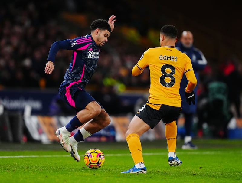 Nottingham Forest's Morgan Gibbs-White in action against Wolves' Joao Gomes. Photograph: Mike Egerton/PA