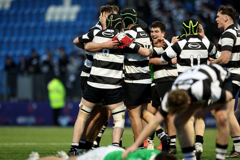 Roscrea players celebrate after the game. Photograph: Andrew Conan/Inpho