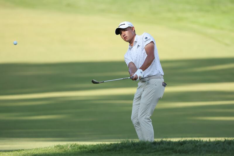  Collin Morikawa plays a shot on to the ninth green during the second round. Photograph: Warren Little/Getty Images