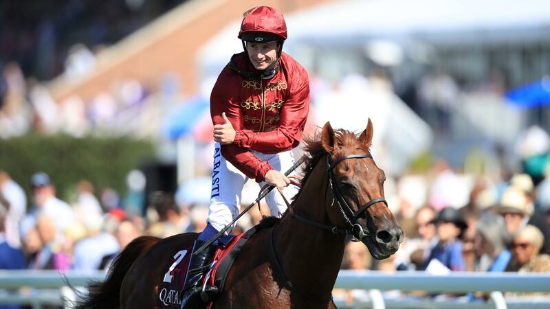 Jockey Oisín Murphy celebrates winning the Qatar Sussex Stakes on  Lightning Spear at Goodwood. Photograph: Adam Davy/PA Wire