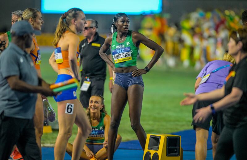 Ireland’s Rhasidat Adeleke and Sharlene Mawdsley after the 4x400m mixed final in Nassau, Bahamas. Photograph: Warren Grant/Inpho