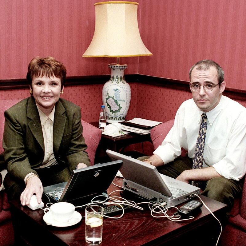 Ireland.com: the presidential candidate Dana Rosemary Scallon answering questions on the Irish Times website with Conor Pope in 1997. Photograph: Paddy Whelan