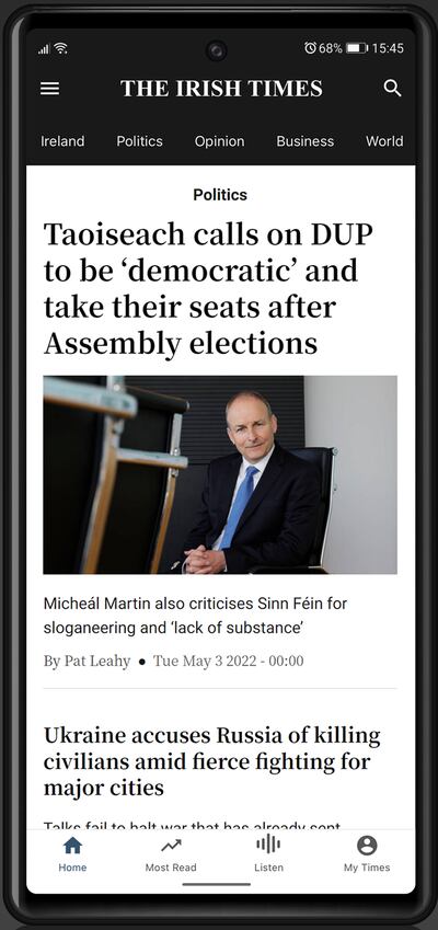 The home screen of The Irish Times app
