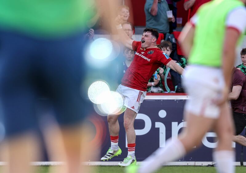 Munster’s Calvin Nash celebrates scoring a try against Ulster. Photograph: Dan Sheridan/Inpho
