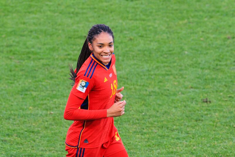 Spain's forward #18 Salma Paralluelo (C) celebrates scoring for Spain. Photograph: Grant Down/AFP via Getty