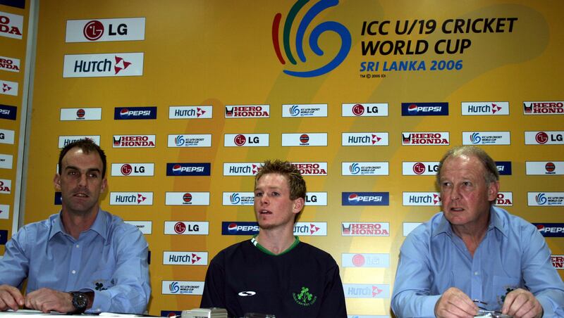 Eoin Morgan (centre) with his old coach Brían O'Rourke (left) and team manager Brian Walsh at the 2006 under-19 World Cup. Photograph: Barry Chambers