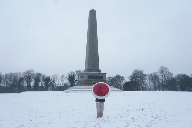 People brave the cold in Dublin's Phoneix Park as a snap snow storm hits the capital. Photograph: Enda O'Dowd