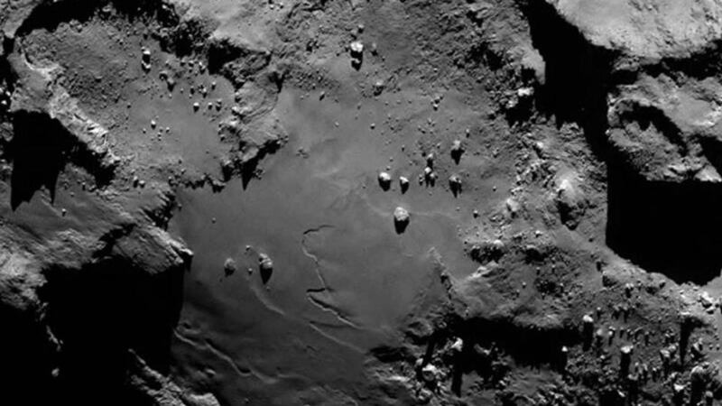 Undated handout photo issued by the European Space Agency of a close up image of comet 67P/Churyumov-Gerasimenko taken at a distance of 130 km using the OSIRIS camera on the Rosetta spacecraft. Photograph: ESA/PA Wire.